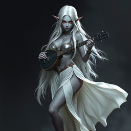 A dark bluish-gray skinned drow elf with long white hair and striking red eyes, holding a small mandolin