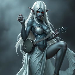 A dark bluish-gray skinned drow elf with long white hair and striking red eyes, holding a small mandolin