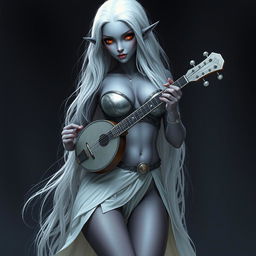 A dark bluish-gray skinned drow elf with long white hair and striking red eyes, holding a small mandolin