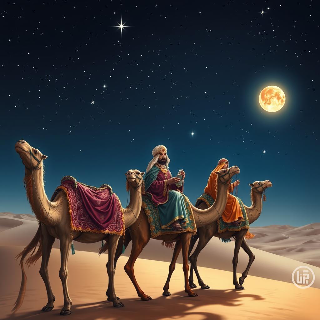 The Three Wise Men, Magi from the East, riding on camels under a starry night sky