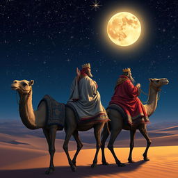 The Three Wise Men, Magi from the East, riding on camels under a starry night sky