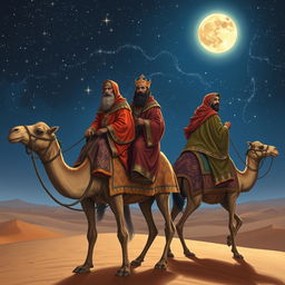 The Three Wise Men, Magi from the East, riding on camels under a starry night sky