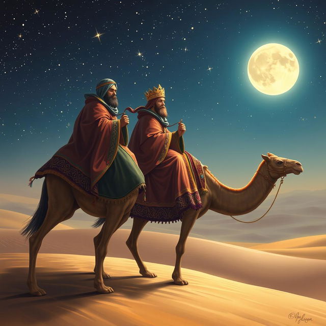 The Three Wise Men, Magi from the East, riding on camels under a starry night sky