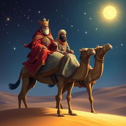 The Three Wise Men, Magi from the East, riding on camels under a sparkling starry night sky