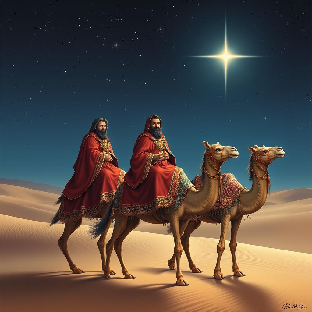 The Three Wise Men, Magi from the East, riding on camels under a sparkling starry night sky