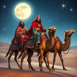 The Three Wise Men, Magi from the East, riding on camels under a sparkling starry night sky