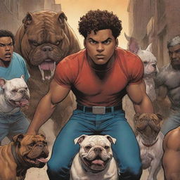 An action scene featuring a brown-skinned young man with short curly hair and his bulldog companion bravely confronting a group of villains, in a comic book style.