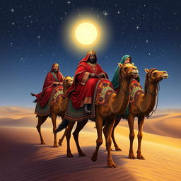 The Three Wise Men, Magi from the East, riding on camels under a sparkling starry night sky