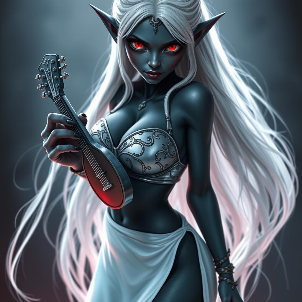 A dark bluish-gray skinned drow elf with long white hair and captivating red eyes, holding a small mandolin