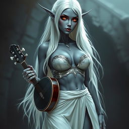 A dark bluish-gray skinned drow elf with long white hair and captivating red eyes, holding a small mandolin