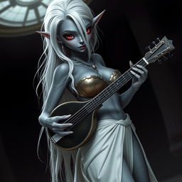 A dark bluish-gray skinned drow elf with long white hair and captivating red eyes, holding a small mandolin