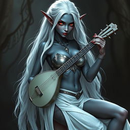 A dark bluish-gray skinned drow elf with long white hair and captivating red eyes, holding a small mandolin