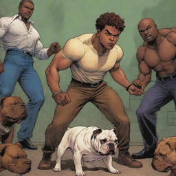 An action scene featuring a brown-skinned young man with short curly hair and his bulldog companion bravely confronting a group of villains, in a comic book style.