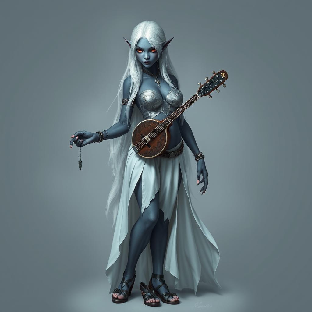 A full-body portrait of a dark bluish-gray skinned drow elf with long white hair and striking red eyes, holding a small mandolin