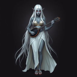 A full-body portrait of a dark bluish-gray skinned drow elf with long white hair and striking red eyes, holding a small mandolin