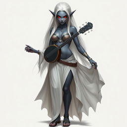 A full-body portrait of a dark bluish-gray skinned drow elf with long white hair and striking red eyes, holding a small mandolin