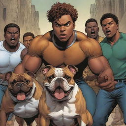 An action scene featuring a brown-skinned young man with short curly hair and his bulldog companion bravely confronting a group of villains, in a comic book style.