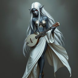 A full-body portrait of a dark bluish-gray skinned drow elf with long white hair and striking red eyes, holding a small mandolin