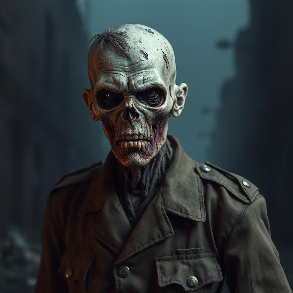 A tall, decaying German Nazi zombie, wearing a tattered military uniform that shows signs of wear