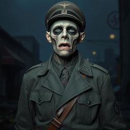 A tall, decaying German Nazi zombie, wearing a tattered military uniform that shows signs of wear