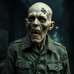 A tall, decaying German Nazi zombie, wearing a tattered military uniform that shows signs of wear