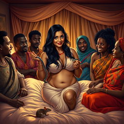 A nude plump Indian lady with long dark hair holding a snake in one hand and a rat in the other, surrounded by a mix of African men and women in a warmly lit bedroom