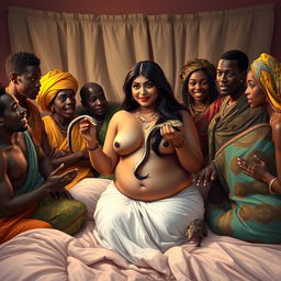 A nude plump Indian lady with long dark hair holding a snake in one hand and a rat in the other, surrounded by a mix of African men and women in a warmly lit bedroom