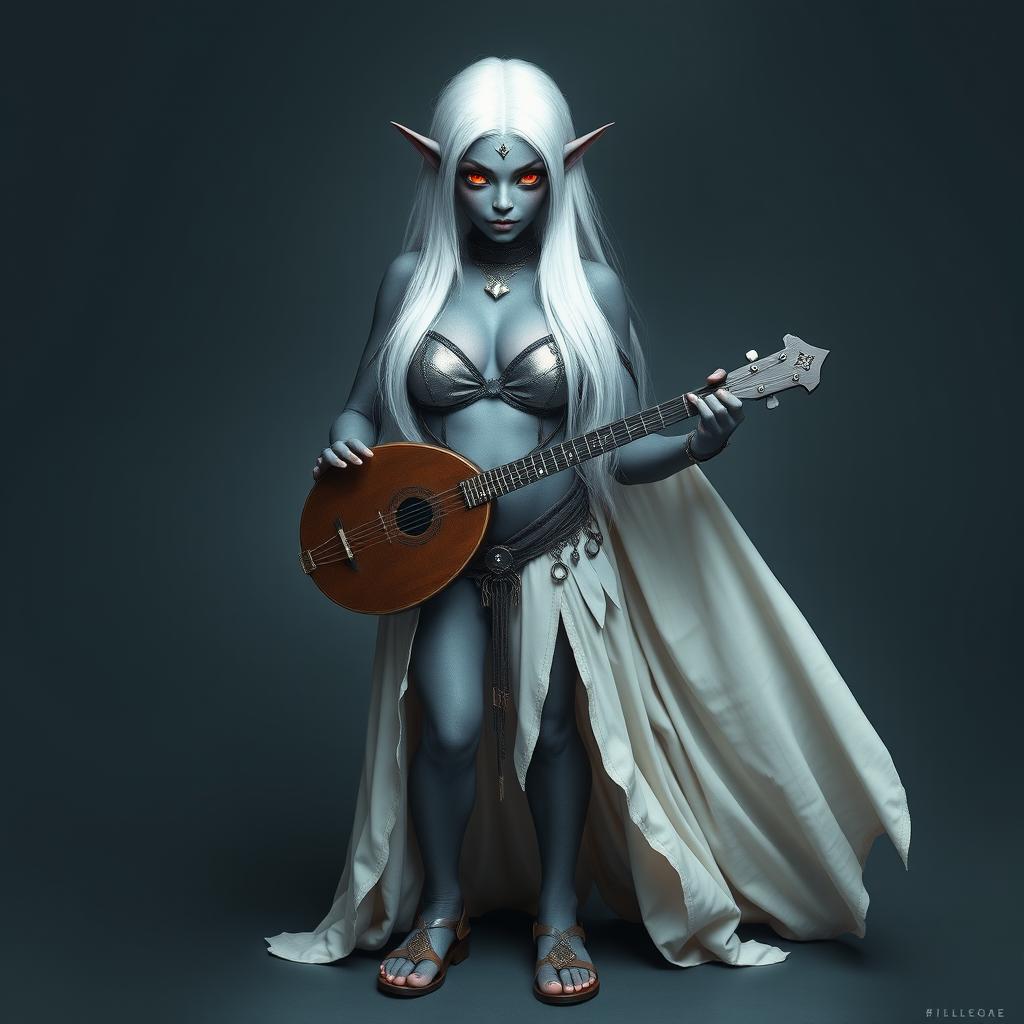 A full-body portrait of a dark bluish-gray skinned drow elf with long white hair and striking red eyes, holding a small mandolin