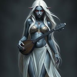 A full-body portrait of a dark bluish-gray skinned drow elf with long white hair and striking red eyes, holding a small mandolin