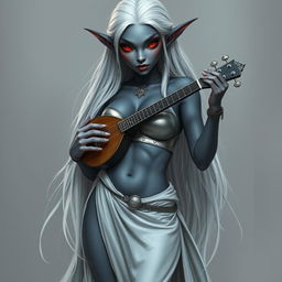 A full-body portrait of a dark bluish-gray skinned drow elf with long white hair and striking red eyes, holding a small mandolin