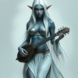 A full-body portrait of a dark bluish-gray skinned drow elf with long white hair and striking red eyes, holding a small mandolin