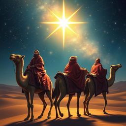 The Three Wise Men journey through a starry night on their camels