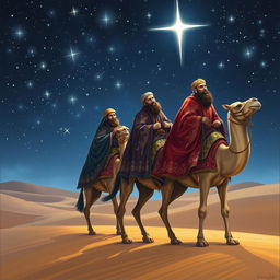 The Three Wise Men journey through a starry night on their camels