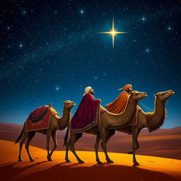 The Three Wise Men journey through a starry night on their camels