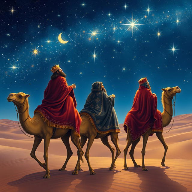 The Three Wise Men journey through a starry night on their camels