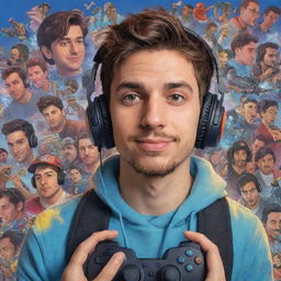 A detailed and vibrant illustration of Argentine Youtuber Tiago PZK, known for his gaming content, set against a backdrop of video game scenes.