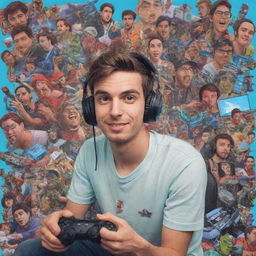 A detailed and vibrant illustration of Argentine Youtuber Tiago PZK, known for his gaming content, set against a backdrop of video game scenes.