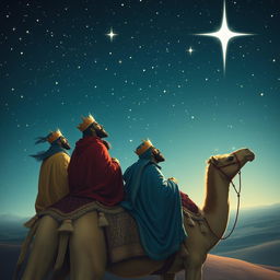 The three wise men, also known as the Magi, traveling on their camels through a starry sky