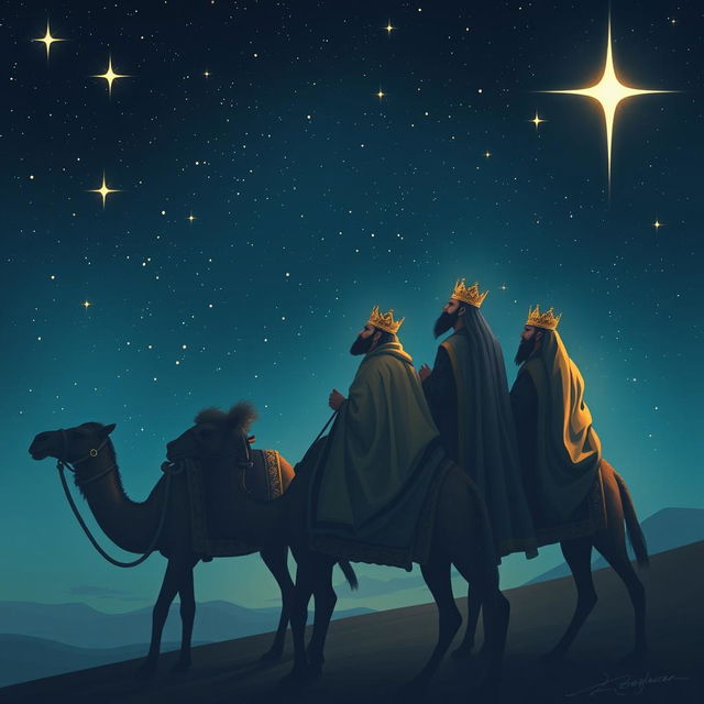 The three wise men, also known as the Magi, traveling on their camels through a starry sky