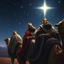 The three wise men, also known as the Magi, traveling on their camels through a starry sky