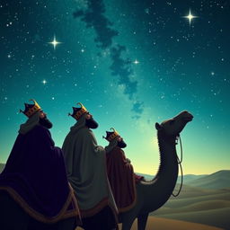 The three wise men, also known as the Magi, traveling on their camels through a starry sky