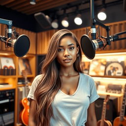 A beautiful light brown-skinned woman with long hair stands confidently in a professional recording studio