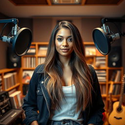 A beautiful light brown-skinned woman with long hair stands confidently in a professional recording studio