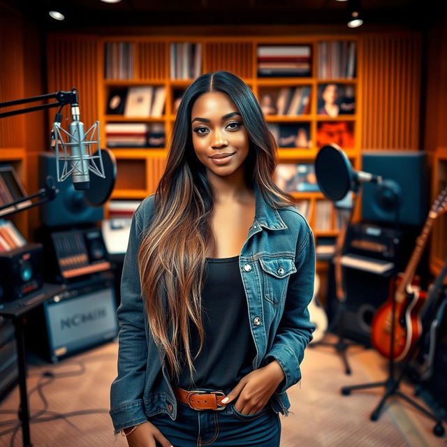 A beautiful light brown-skinned woman with long hair stands confidently in a professional recording studio