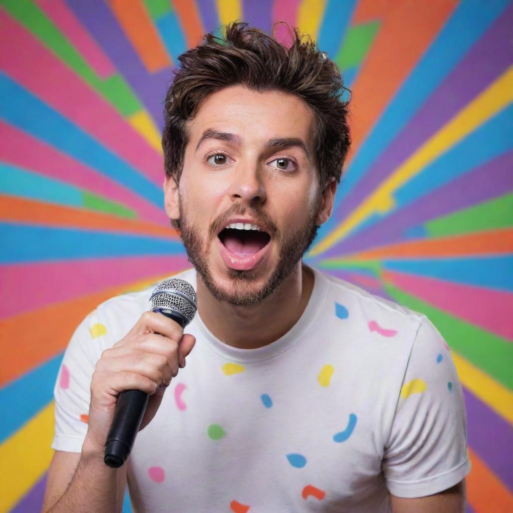 An energetic portrayal of the Argentine Youtuber, Tiago PZK, showcasing his singing ability. The scene is lively with Tiago holding a microphone, engulfed in colorful music notes.