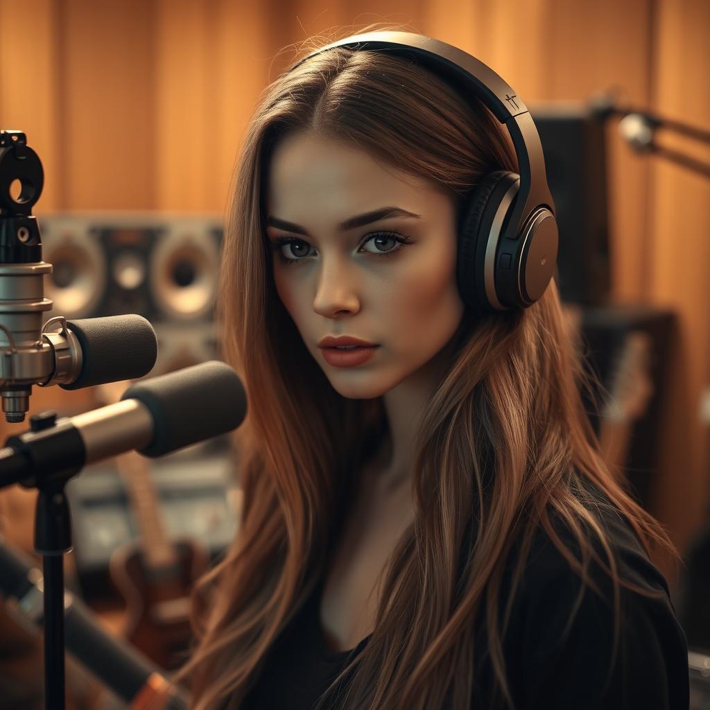 A beautiful woman with fair skin and long hair in a professional recording studio