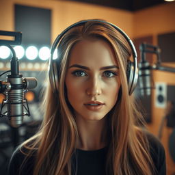 A beautiful woman with fair skin and long hair in a professional recording studio