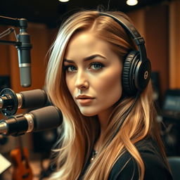 A beautiful woman with fair skin and long hair in a professional recording studio