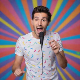 An energetic portrayal of the Argentine Youtuber, Tiago PZK, showcasing his singing ability. The scene is lively with Tiago holding a microphone, engulfed in colorful music notes.