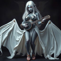 A full-body portrait of a dark bluish-gray skinned drow elf with long white hair and striking red eyes, holding a small mandolin